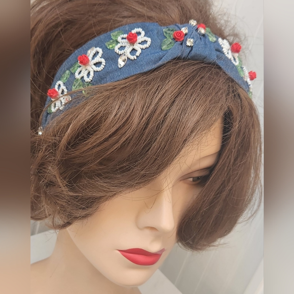 Blue Chambray Denim Handbeaded Fashion Headband
